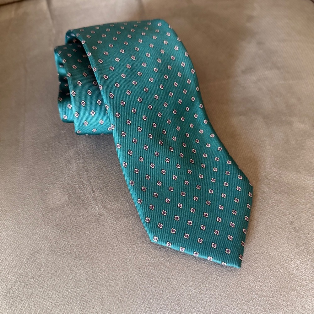 Chaps Ralph Lauren Mens Silk Tie Teal Green Geometric Medallion Made in USA